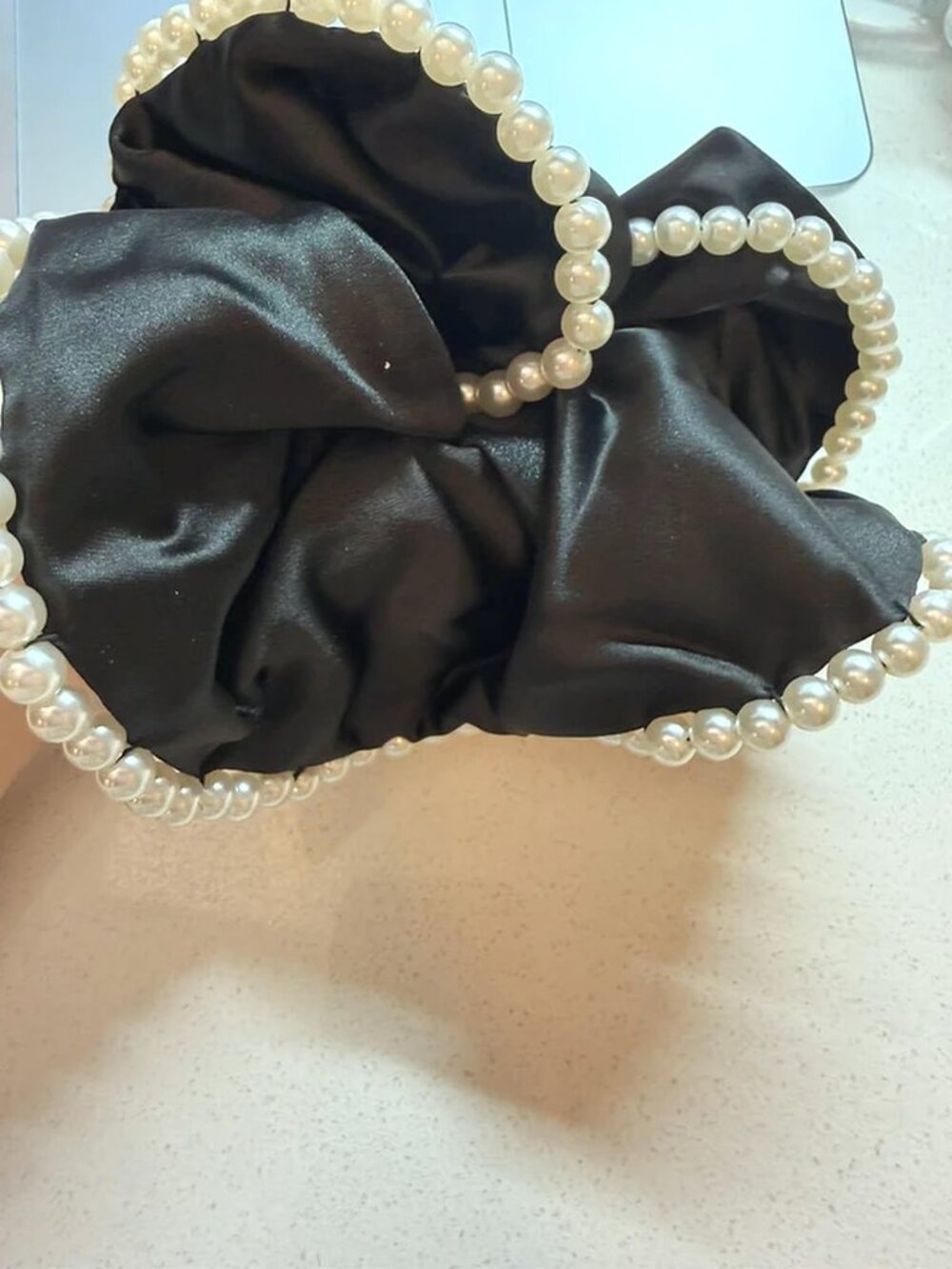 Black Satin Scrunchie with Pearl Trim